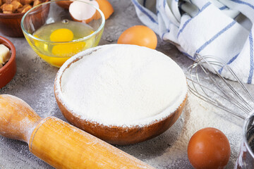 Flour and ingredients for making dough. Ingredients for baking pizza, bread, bakery