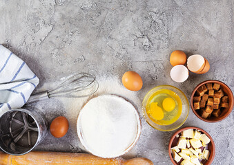 Flour and ingredients for making dough. Ingredients for baking pizza, bread, bakery