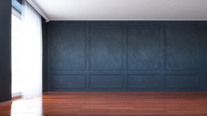 Empty living room with window and black wall. 3d illustration