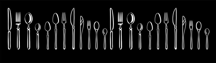 A frame of forks, spoons, knives, and cutlery. Banner design for a cook. Illustration in chalk on a blackboard.