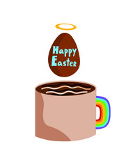 brown mug with rainbow handle and a chocolate egg with the inscription Happy Easter. blue text and a halo over the egg. hot chocolate bomb.