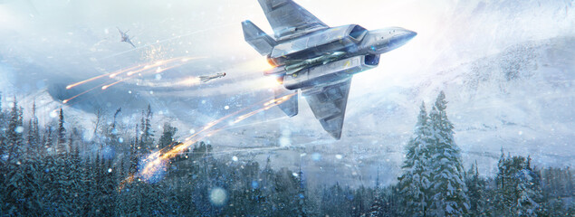 Air battle of two fantastic aircraft in the sky in the in winter mountain landscape. Digital paint, raster illustration.