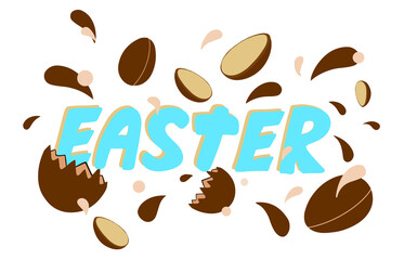 Obraz premium lettering in blue Easter with chocolate and milk splashes and chocolate eggs. hot chocolate bombs.