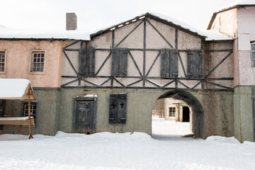 an old abandoned town. Old ruined houses winter snow covered nature winter