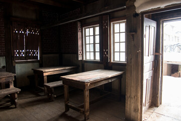 An old abandoned tavern of the Middle Ages. Empty cafe