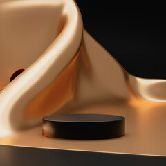Gold product background stand or podium pedestal on luxury advertising display with blank backdrops. 3D rendering.