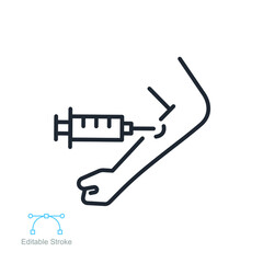 Vaccine and Vaccination in the hand line icon. Covid-19, Neurotoxin injection. Vaccination Treatment against coronavirus pandemic Editable stroke. Vector illustration design on white background EPS 10