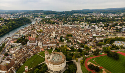 Fototapeta na wymiar Aerial view of the city Schaffhausen in Switzerland in Autumn on a cloudy day.
