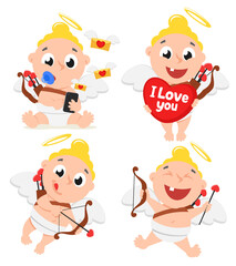 Cupids set sits, flies, aims. Character, Valentines Day