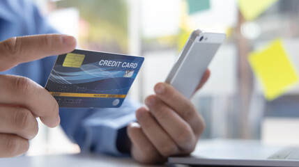 Businessman use mobile phones to register for security Online with a credit card to buy products online through application, Online shopping or Internet technology concept.
