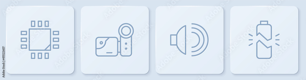 Poster set line processor with microcircuits cpu, speaker volume, cinema camera and broken battery. white s