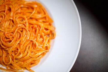 cream spaghetti with tomato sauce in a white porcelain plate. Close up view and black, blurry background.