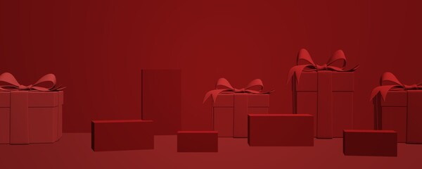 Minimal abstract product background for Christmas, New year and sale event concept. Red gift box with red ribbon bow on red background. 3d render illustration. Clipping path of each element included.