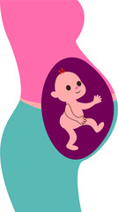 Profile of a pregnant woman with a baby in the stomach. Mom and baby before birth. Vector illustration in cartoon style.