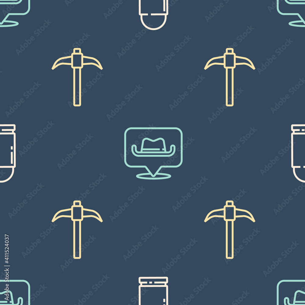 Poster set line bullet, pickaxe and location cowboy on seamless pattern. vector.