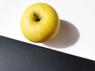 Fresh and delicious apple, yellow apples  isolated black and white background with shadow. Fruits concept. Copy space. Top view.  Space for your text