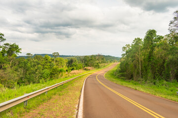 Fototapeta na wymiar A view of National Route 101 in Argentina (Misiones Province), surrounded by Selva Misionera (Atlantic forest)
