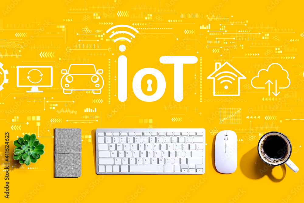 Poster iot theme with a computer keyboard and a mouse
