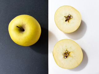 sliced apple. Fresh and delicious apple, yellow apples  isolated black and white background with shadow. Fruits concept. Copy space. Top view.  Space for your text