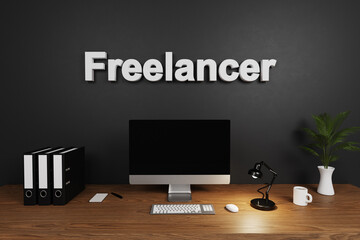 modern clean office workspace with computer screen and dark concrete wall; freelancer lettering; 3D Illustration