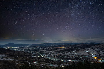 Beautiful starry sky in the Ukrainian mountain village