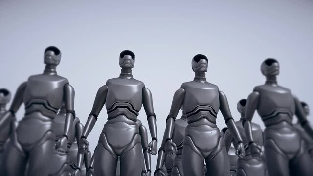Couple of modern robots soldiers standing and saluting isolated Future technology military artificial intelligence concept 4k.jpg. High quality 4k footage