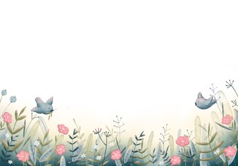 background with spring flowers, herbs and birds. illustration for greeting cards, wedding invitations. 