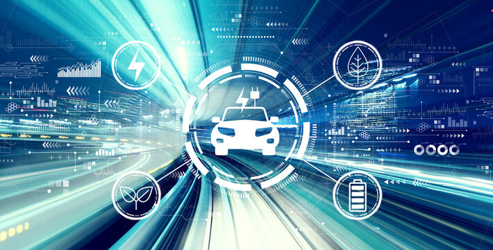 EV concept with abstract high speed technology POV motion blur