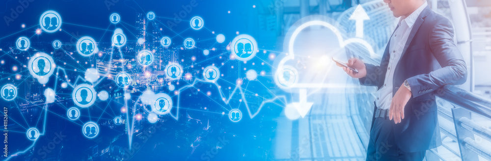 Aufkleber businessman using smartphone to connecting global network and data customer connection. panoramic ba