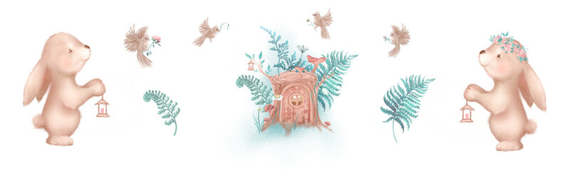 A Cute Bunny Holding an lantern A Treehouse and forest birds with flowers and fern. Hand drawn clip art