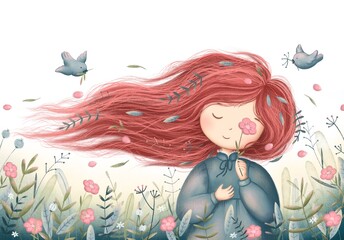 Hi spring. spring illustration with girl, spring flowers and birds illustration for holiday greeting card. 