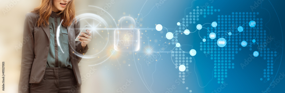 Aufkleber business woman using smartphone to connecting global network and data customer connection. panoramic