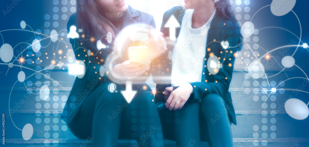 Aufkleber business woman using smartphone to connecting global network and data customer connection. panoramic
