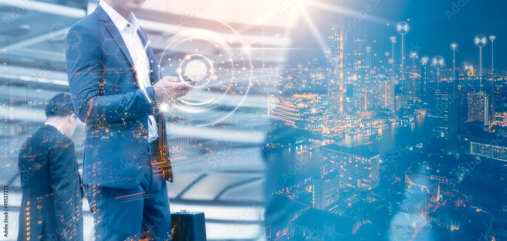 Poster businessman using smartphone to connecting global network and data customer connection. panoramic ba