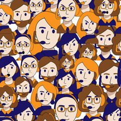 Seamless vector pattern of human call center operators. Crowd of people behind laptops seamless background. Pattern with men and women with different emotions.