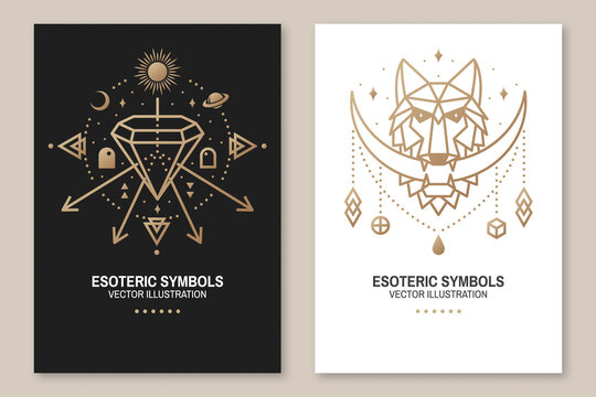 Esoteric symbols, poster, flyer. Vector. Thin line geometric badge. Outline icon for alchemy or sacred geometry. Mystic and magic design with wolf, stars, planets, crystal and moon.