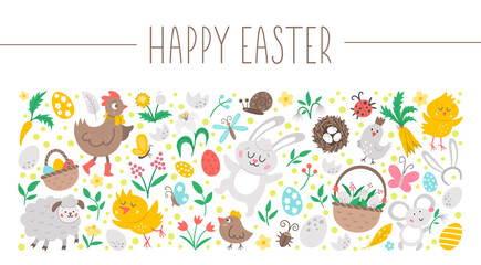 Vector horizontal set with Easter elements. Frame with traditional symbols. Funny design for banners, posters, invitations. Cute spring rectangle holiday card template..
