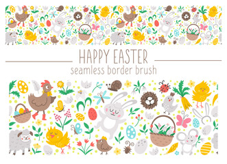 Fototapeta premium Vector seamless pattern brush with Easter symbols. Repeating border background with cute characters and traditional symbols. Playful spring holiday horizontal texture.