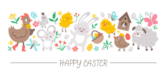 Vector horizontal set with flat Easter day characters and elements. Card template design with bunny, egg, funny animals, birds, flowers. Cute Spring holiday border..