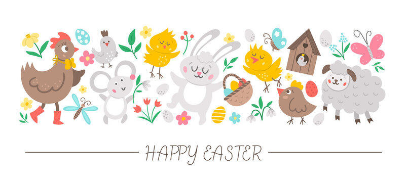 Vector horizontal set with flat Easter day characters and elements. Card template design with bunny, egg, funny animals, birds, flowers. Cute Spring holiday border..