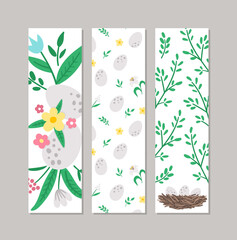 Set of Easter bookmarks or greeting card templates. Vertical Spring holiday posters or invitations. Bright green frame illustration with traditional symbols. Happy Easter design.