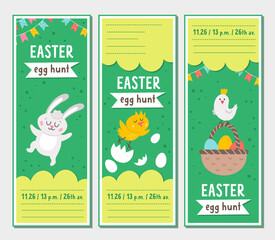 Set of Easter egg hunt invitation card templates with cute animals. Spring vertical poster or greetings for kids. Bright holiday bookmark illustration with funny bunny, hatching chick, basket.