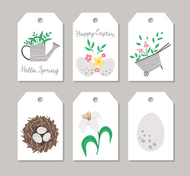 Cute set of Spring price tag templates with watering can, eggs, nest, wheel barrow with flowers. Vector Easter card designs. Religious holiday seasonal shop badge or label.  .