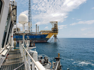 Floating production storage and offloading (FPSO) vessel, oil and gas indutry. View from ship