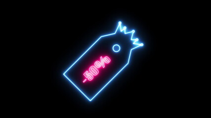 Sales special offer 50 percent off. Label with crown, sticker, tag. Sale neon sign banner background. concept of sale and clearance. Blue tag and Pink crown color. FONT ANTONIO (OFL Apache LICENSES).