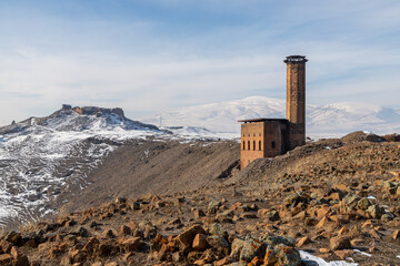 Ani site of historical cities (Ani Harabeleri): first entry into Anatolia, an important trade route Silk Road in the Middle Agesand. Historical Church and temple at sunset in Ani, Kars, Turkey.