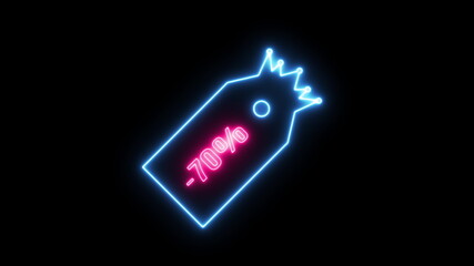 Sales special offer 70 percent off. Label with crown, sticker, tag. Sale neon sign banner background. concept of sale and clearance. Blue tag and Pink crown color. FONT ANTONIO (OFL Apache LICENSES).