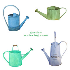 Set of watercolor garden watering cans isolated on white background. Clip arts vintage garden watering cans.

