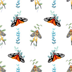 Seamless pattern with eucalyptus and moths on a white background. Arctiidae butterfly print, unusual butterflies on the branches.
