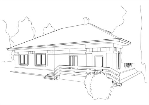 Architectural sketch of the house. Perspective view of the cottage. Black and white vector illustration.
